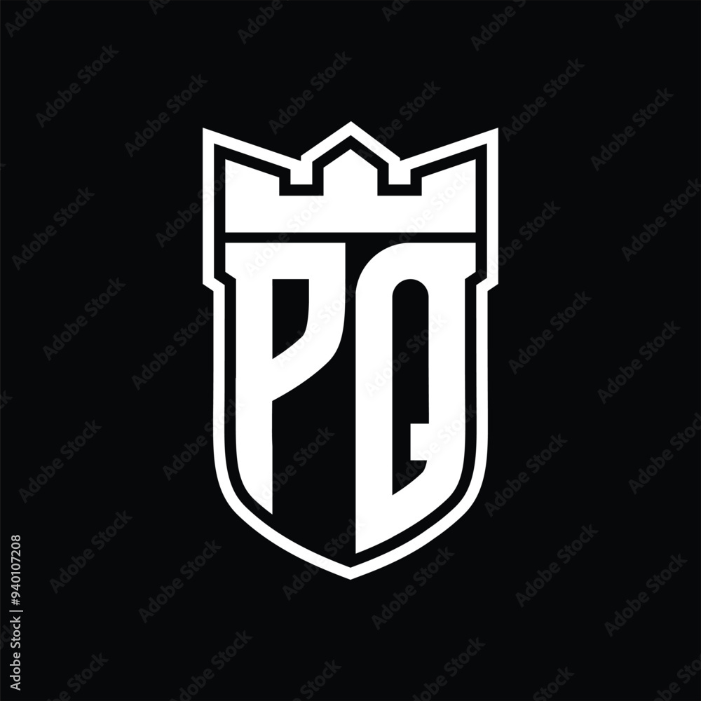 PQ Logo shield shape with geometric crown inside white outline on black background template design PQ Logo shield shape with geometric crown inside white outline on black background template design