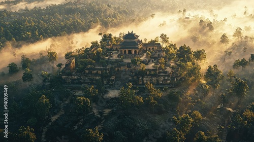 Aerial view of a foggy landscape with a building surrounded by trees