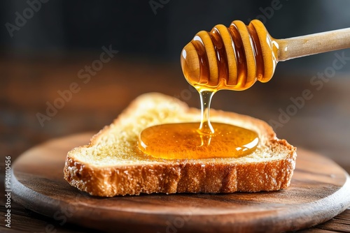 A close-up of honey spreading smoothly over a slice of buttered toast, with the rich, golden color contrasting against the warm bread photo