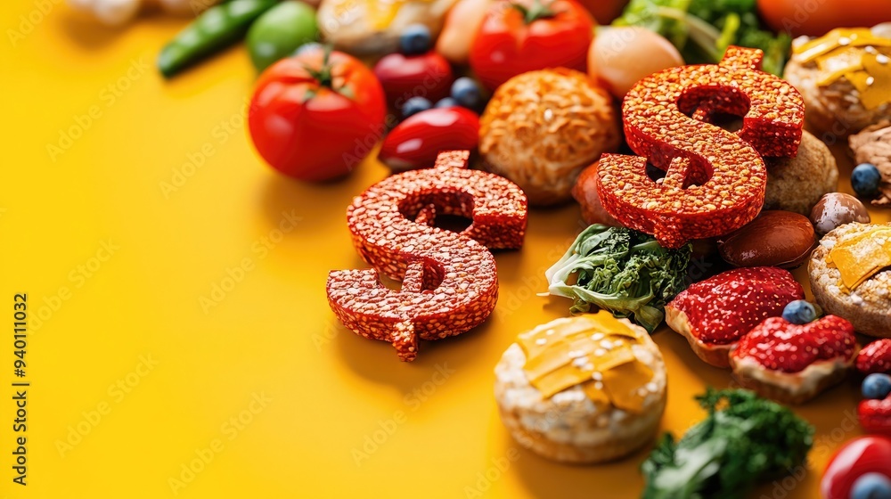 Vibrant arrangement of fresh food with dollar signs symbolizing healthy eating and financial wellness. Vibrant arrangement of fresh food with dollar signs symbolizing healthy eating and financial wellness.