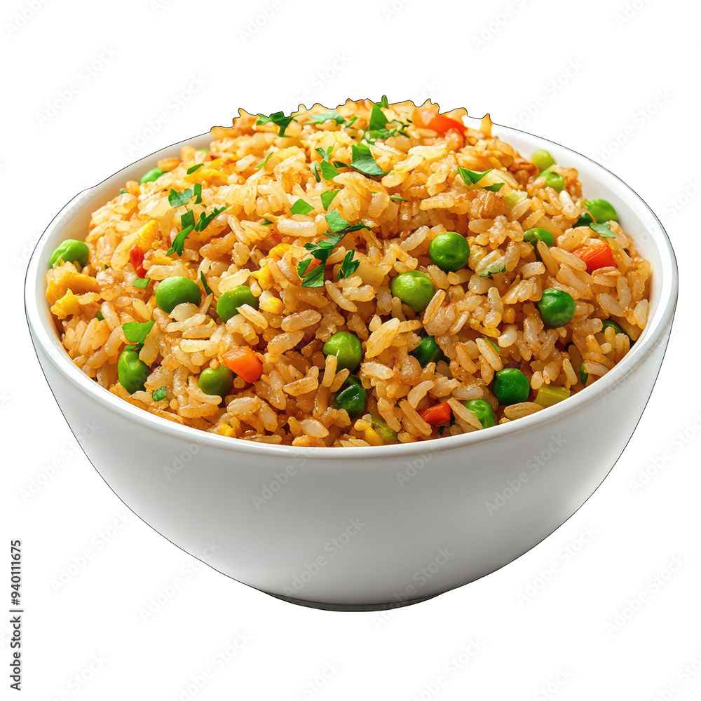 Fried rice bowl with vegetables, isolated on white Fried rice bowl with vegetables, isolated on white