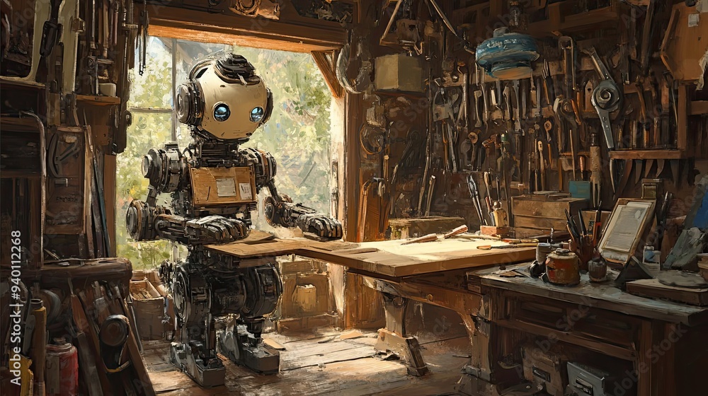 A Robot Carpenter Working in a Rustic Workshop A Robot Carpenter Working in a Rustic Workshop