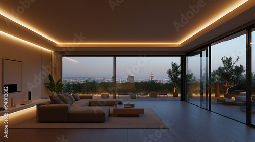 A comfortable living room with a balcony view, giving a sense of privacy. The overall indoor lighting is dim, very casual and relaxing, creating a relaxed and comfortable living atmosphere. City Build