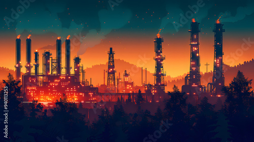 Against the darkening sky, the oil refinerys chimneys belch smoke into the orange afterglow, casting a shadow on the world below