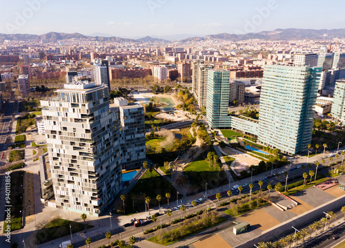 Photography Aerial view of new residential complex of Diagonal Mar i el Front Maritim del Poblenou in sunny day, Barcelona, Spain