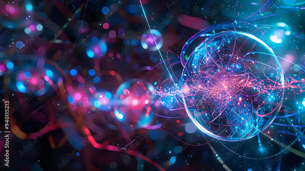 Digital art piece showing positrons and electrons in a quantum entanglement experiment Digital art piece showing positrons and electrons in a quantum entanglement experiment