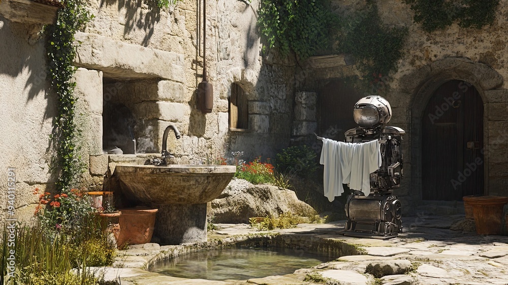 Robotic Servant Hanging Laundry in an Ancient Stone Courtyard Robotic Servant Hanging Laundry in an Ancient Stone Courtyard