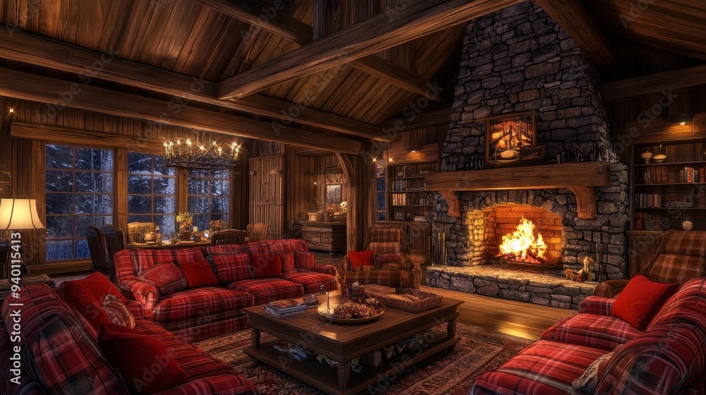 Cozy Cabin Interior with Fireplace Cozy Cabin Interior with Fireplace