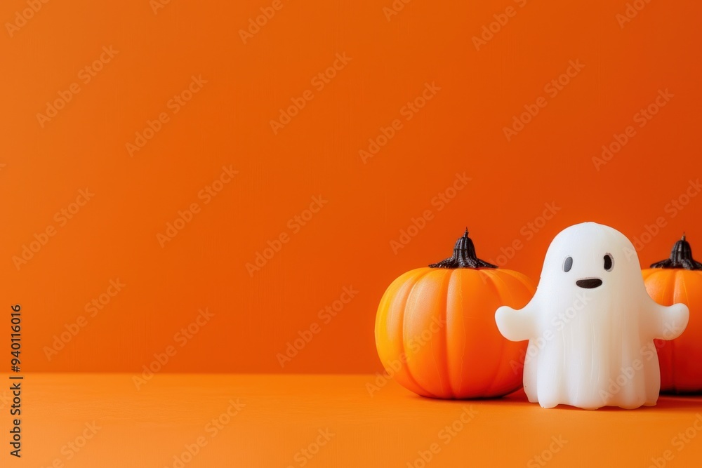 Two smiling ghosts and pumpkin on orange background, Two smiling ghosts and pumpkin on orange background,