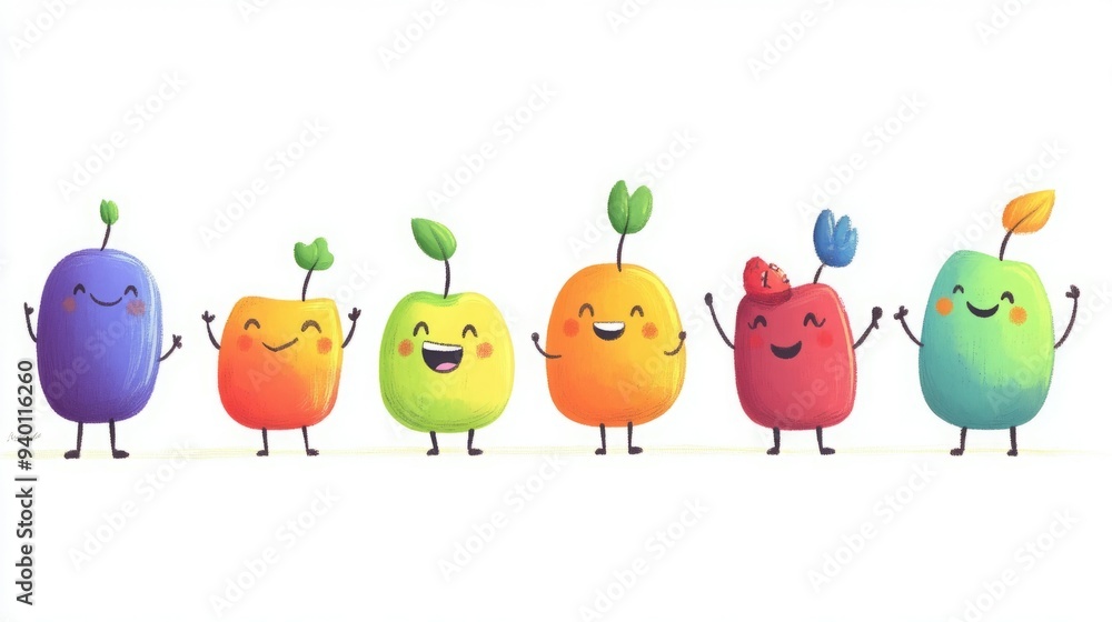 A group of colorful fruit characters with happy smiles and raised arms. A group of colorful fruit characters with happy smiles and raised arms.