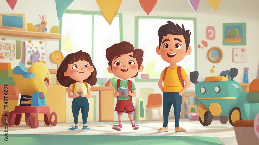 Three children stand in a classroom, smiling and holding items. Three children stand in a classroom, smiling and holding items.