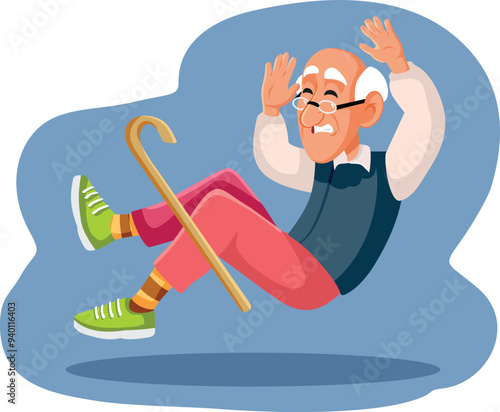 Elderly Man with Walking Cane Falling Vector Illustration. Grandpa suffering an accident losing his balance feeling dizzy
