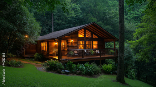Wallpaper Mural A cozy log cabin nestled in the heart of a dense forest, surrounded by tall trees and lush green foliage. The cabin has a vintage filter, with wooden plank walls, a front porch, and warm lights inside Torontodigital.ca