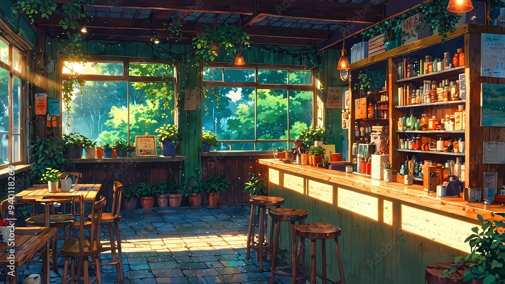 Whimsical Coffee Shop with Lush Green Plants at Sunset Rainy Day Whimsical Coffee Shop with Lush Green Plants at Sunset Rainy Day