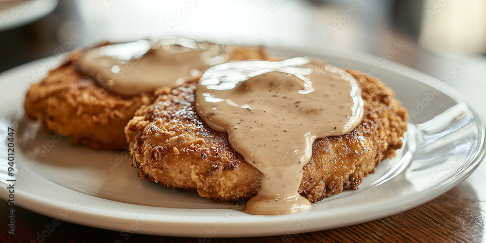 Fried chicken steaks with a cream sauce on top, generative AI Fried chicken steaks with a cream sauce on top, generative AI