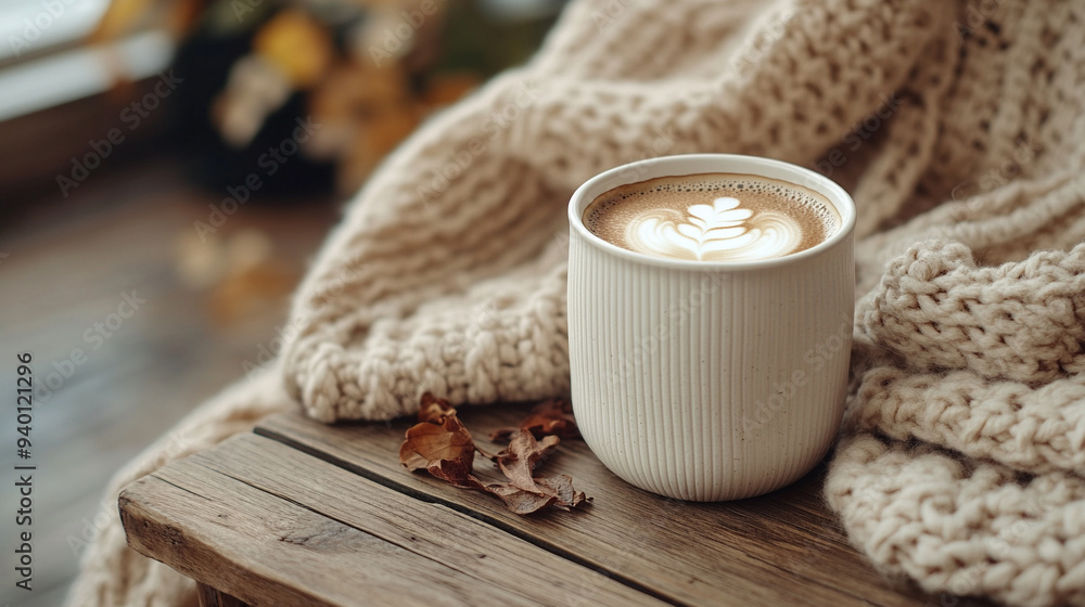 A white coffee cup with a leaf design sits on a wooden table next to a blanket A white coffee cup with a leaf design sits on a wooden table next to a blanket