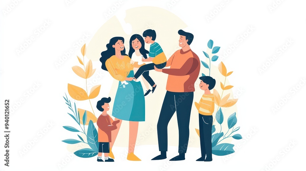 Naklejka premium Heartwarming Family Interactions - Flat Design Illustration of Authentic Connection and Togetherness