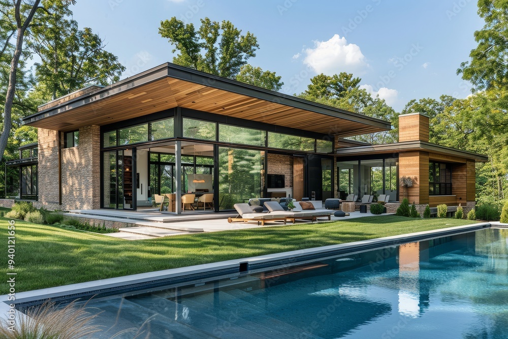 Modern minimalist pool house with outdoor seating, swimming lap, and flat roof wooden building on grassy lawn surrounded by trees in New York. Modern minimalist pool house with outdoor seating, swimming lap, and flat roof wooden building on grassy lawn surrounded by trees in New York.