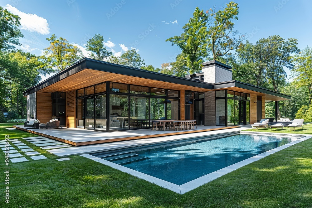 Modern minimalist pool house with outdoor seating, swimming lap, and flat roof wooden building on grassy lawn surrounded by trees in New York. Modern minimalist pool house with outdoor seating, swimming lap, and flat roof wooden building on grassy lawn surrounded by trees in New York.