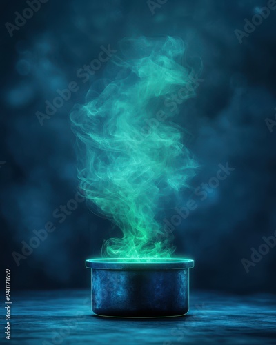 A mysterious pot emits vibrant green smoke, creating an enchanting and magical atmosphere in a dark setting.