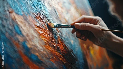 Captivating Minimalist Art: Painter's Delicate Touch, Soft Light, and Blurry Canvas Details in a Partial Close-Up photo