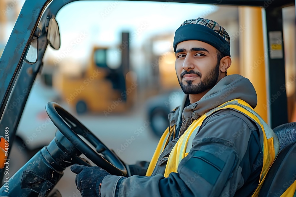 Forklift Operator Portrait - Man in Safety Gear Driving a Forklift Forklift Operator Portrait - Man in Safety Gear Driving a Forklift