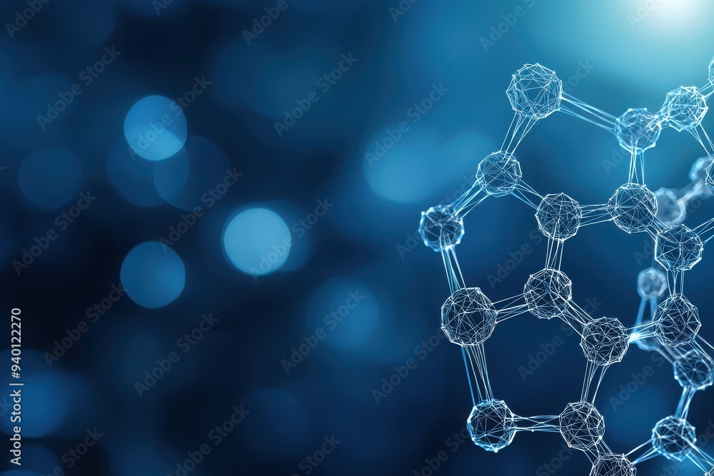 Abstract molecular structure with blue background, representing scientific research and innovation in chemistry and technology. Abstract molecular structure with blue background, representing scientific research and innovation in chemistry and technology.