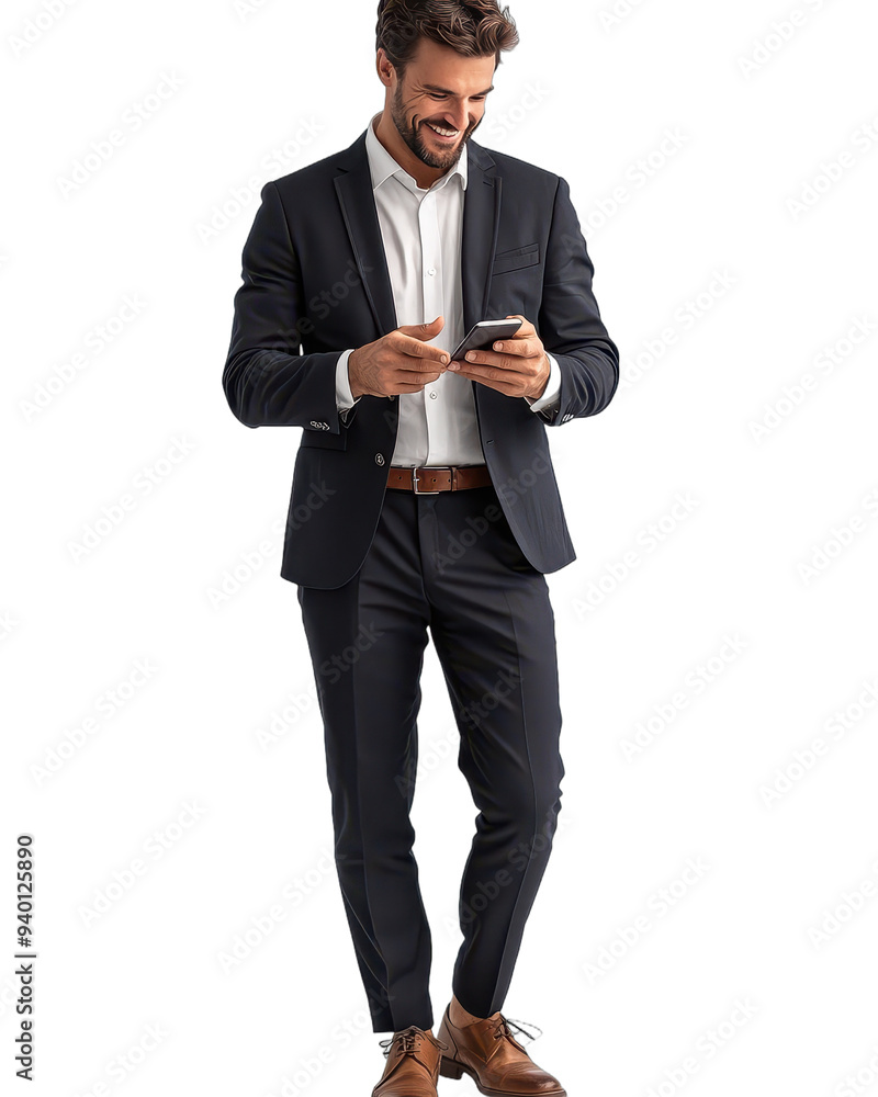 Businessman Smiling and Looking at Phone on White Background., transparent background, PNG file Businessman Smiling and Looking at Phone on White Background., transparent background, PNG file