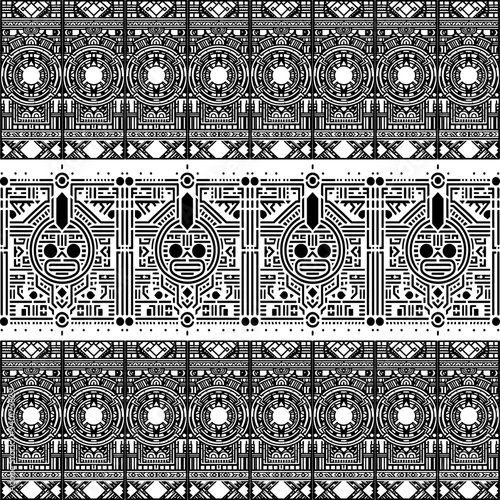 Intricate Aztec inspired seamless pattern with geometric shapes, tribal masks, and ancient symbols. Black and white vector design for various applications.