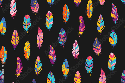 Bird feathers seamless pattern. Bohemian feather abstract boundless background. Feather ornament endless design paper print, fabric textile. Colorful elegant wrapper backdrop template stylized vector