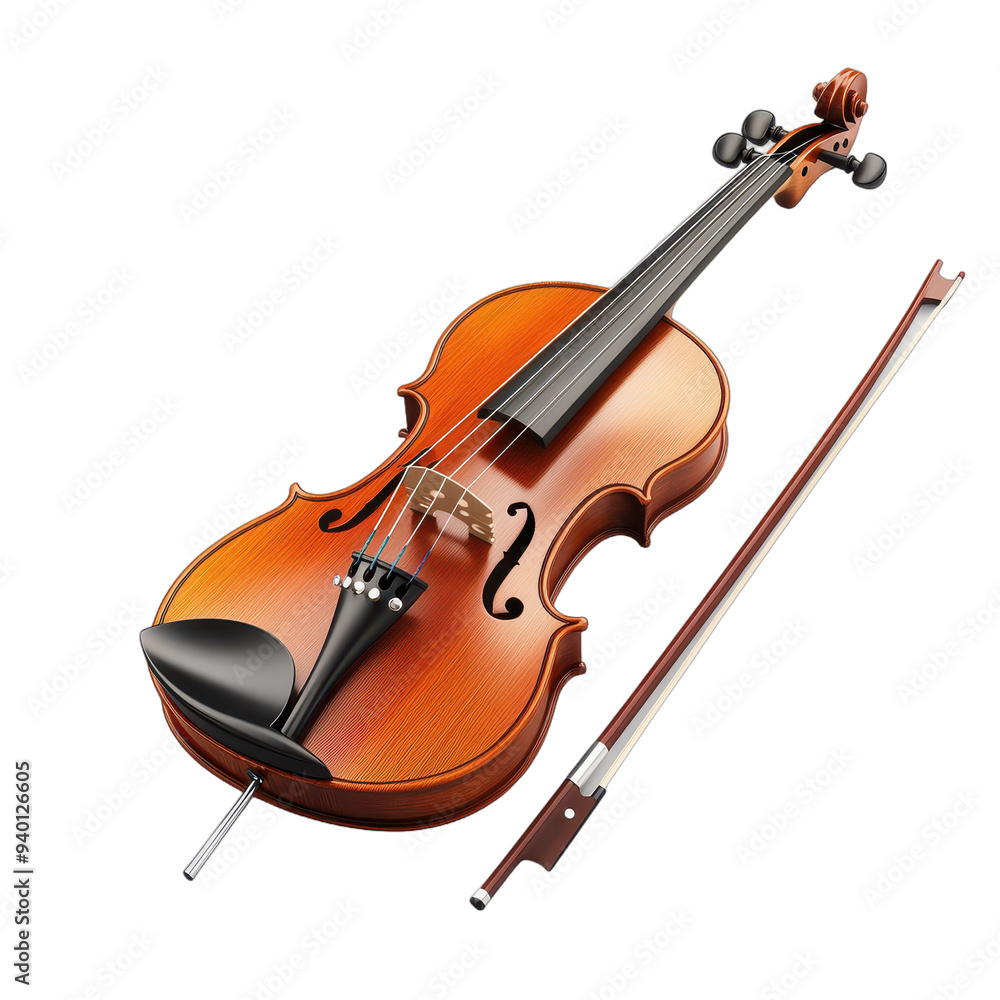 Fototapeta premium Violin and Bow on White Background Isolated, transparent background, PNG file