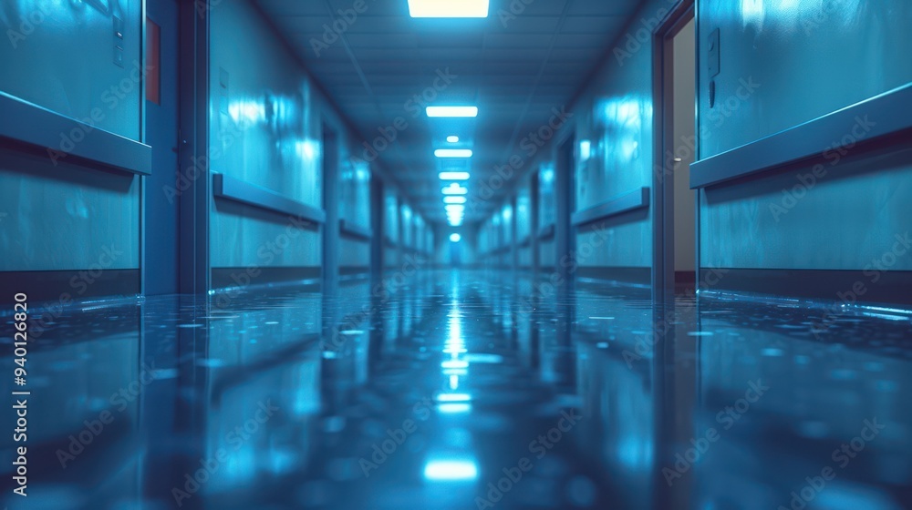 Empty Hospital Corridor with Blue Lighting Empty Hospital Corridor with Blue Lighting