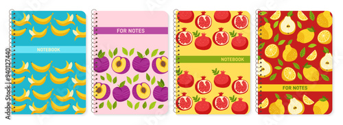 Notebook planner cover set with exotic fruits. Fresh sliced fruit design for planner, brochure book catalog. Notepad with pomegranate banana plum pear. Layout page print template poster trendy vector