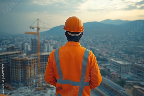 Construction Worker Looking at Cityscape Photo