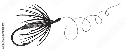 Fly fishing hook. Vintage lure tied with feathers hand drawn by ink.