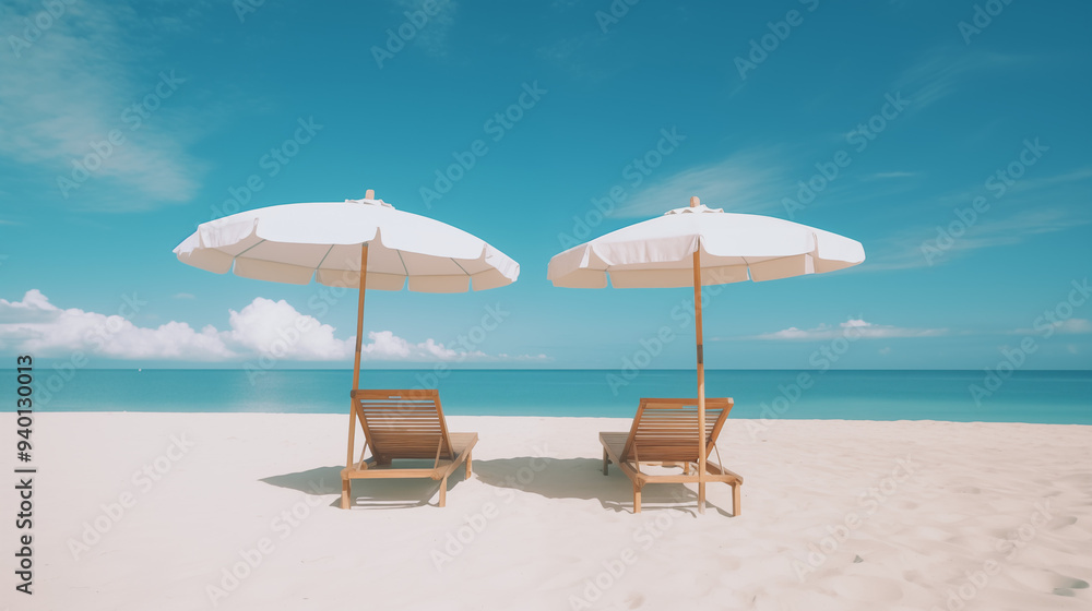 wo parasol umbrellas casting the shadow over the two wooden lounge chairs or easy chairs on an empty sunny sand beach near the blue ocean or sea water on a summer day. Sun protection on a holiday wo parasol umbrellas casting the shadow over the two wooden lounge chairs or easy chairs on an empty sunny sand beach near the blue ocean or sea water on a summer day. Sun protection on a holiday