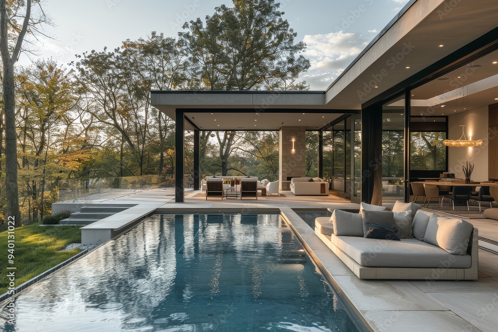 Fototapeta premium Modern backyard with pool and gazebo, green grass, garden beds, and trees in the background. Daytime shot with clean lines and depth of field.