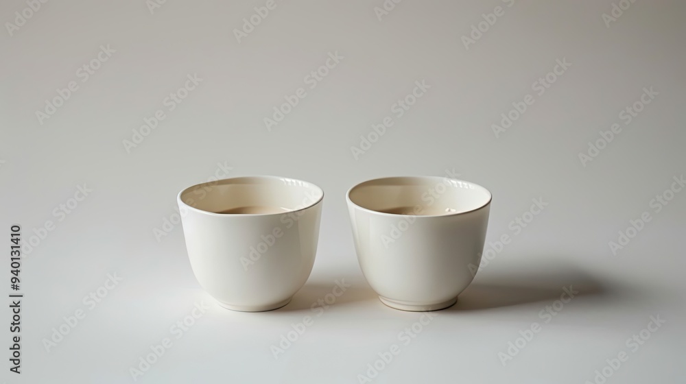 Fototapeta premium Two White Cups with Beige Liquid on a White Surface
