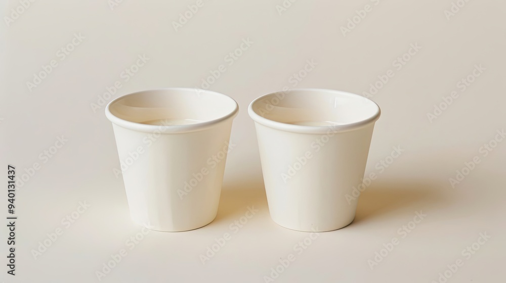 Two White Paper Cups Filled With Milk on a Beige Background Two White Paper Cups Filled With Milk on a Beige Background