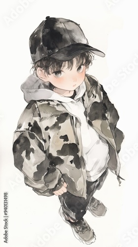 Watercolor Illustration of a Boy Wearing a Camouflage Jacket and a Black Baseball Cap