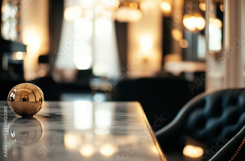 Golden Sphere on a Marble Table in a Luxurious Interior