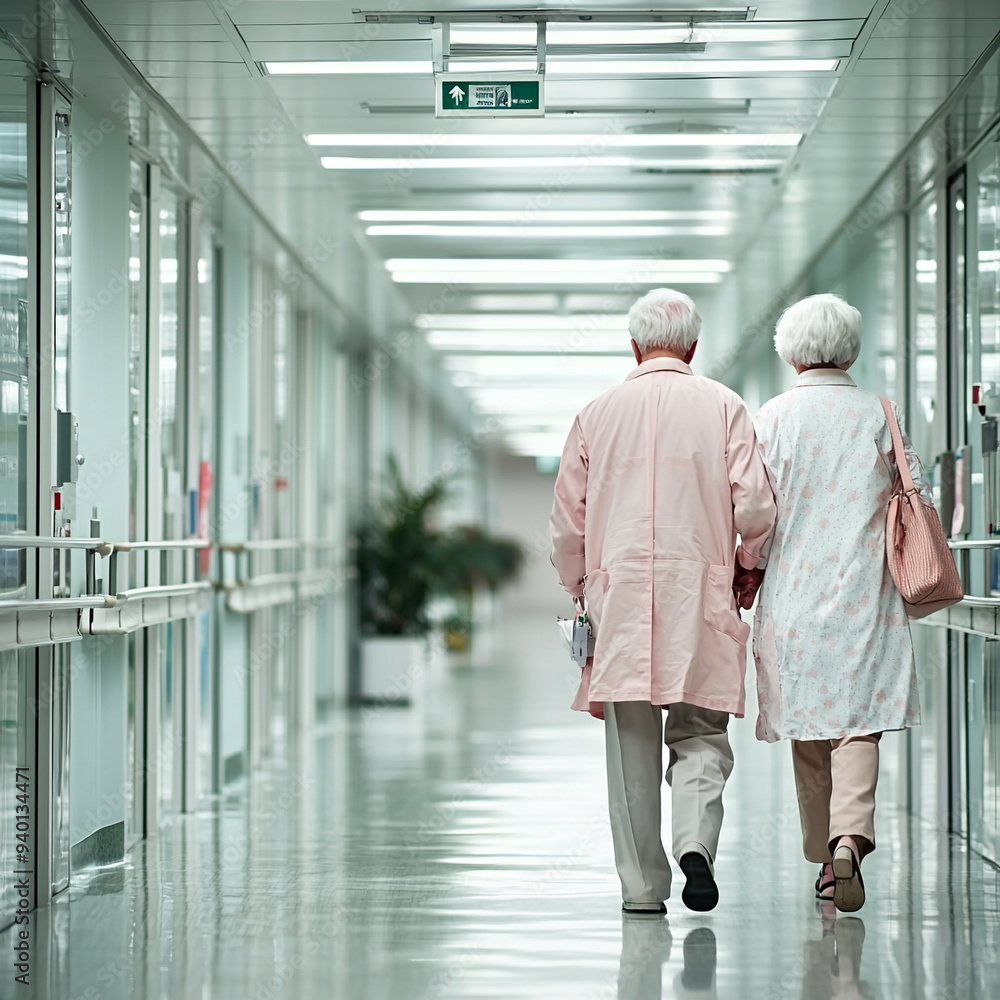 A couple of elderly people are walking down a hallway in a hospital A couple of elderly people are walking down a hallway in a hospital
