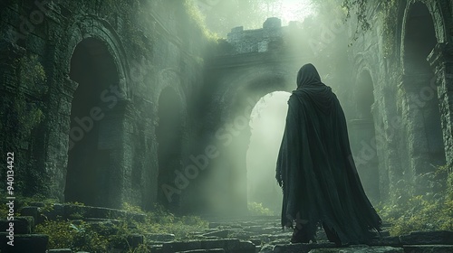 Rogue Adventurer Exploring Ancient Ruins in Search of Treasure Amid Mystical Atmosphere