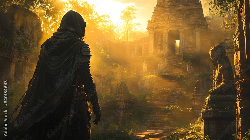Hooded Adventurer Cautiously Explores Overgrown Ruins of Forgotten Civilization Searching for Lost Treasures