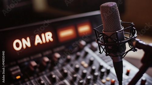 Close-up photograph of a microphone and soundboard with 