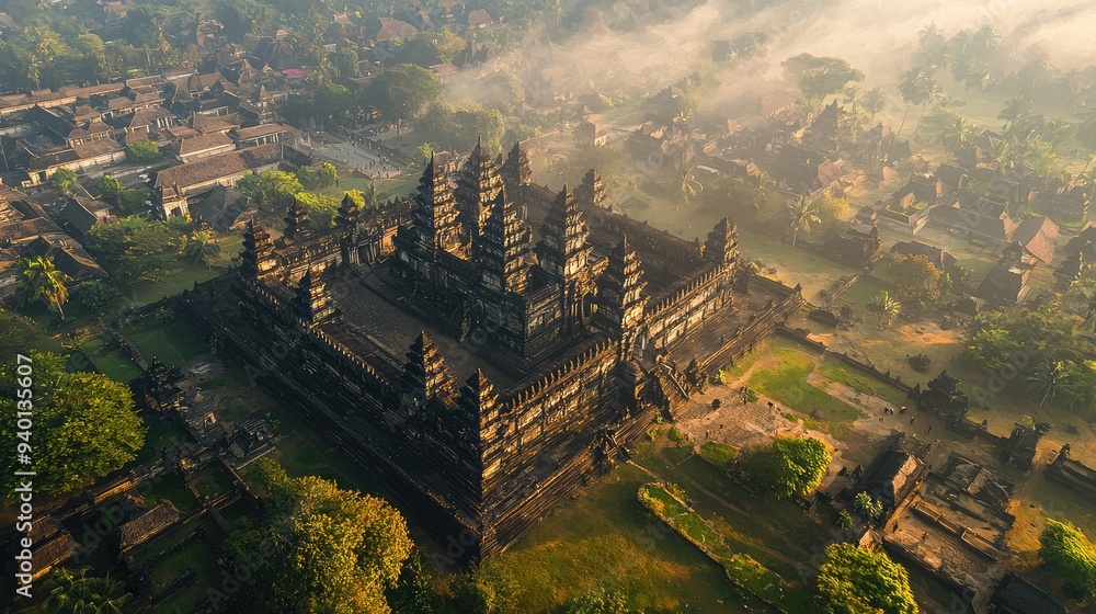 Fototapeta premium Aerial view of ancient temple in lush landscape at dawn