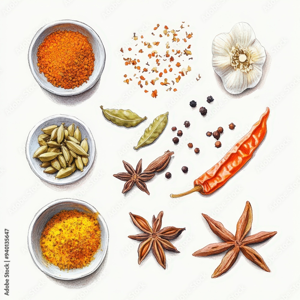 Vibrant Exotic Spices: Intricate Illustrations of Saffron, Cardamom, and Turmeric Vibrant Exotic Spices: Intricate Illustrations of Saffron, Cardamom, and Turmeric