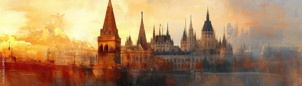 Fototapeta premium Stunning sunset over an ancient city, with beautiful architecture silhouetted against vibrant hues of orange and gold.