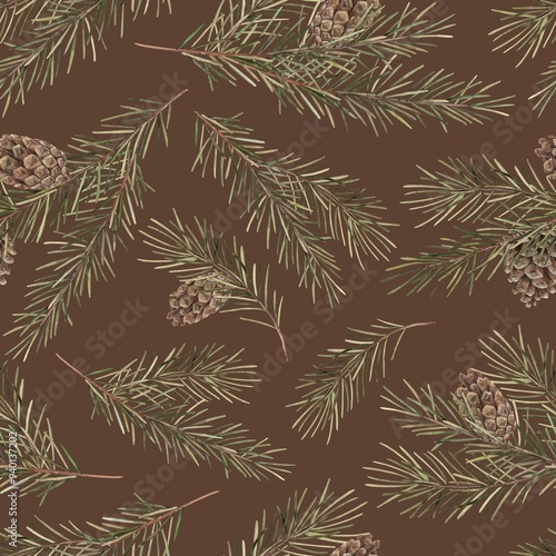 Coniferous fir branches with brown cones. Seamless pattern with watercolor branches on a brown background. Christmas pattern for New Year wrapping paper, textile, cards, digital or print design.