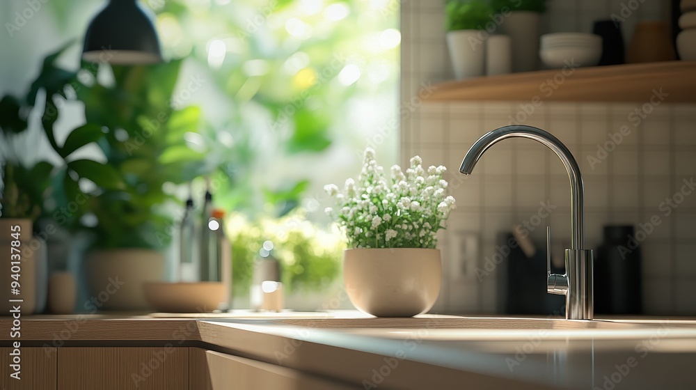 Kitchen Sink with Chrome Faucet and Plants Kitchen Sink with Chrome Faucet and Plants
